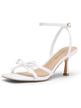 Women's Kitten High Heels Sandals Square Toe White Strappy Bow Heel Dress Shoes